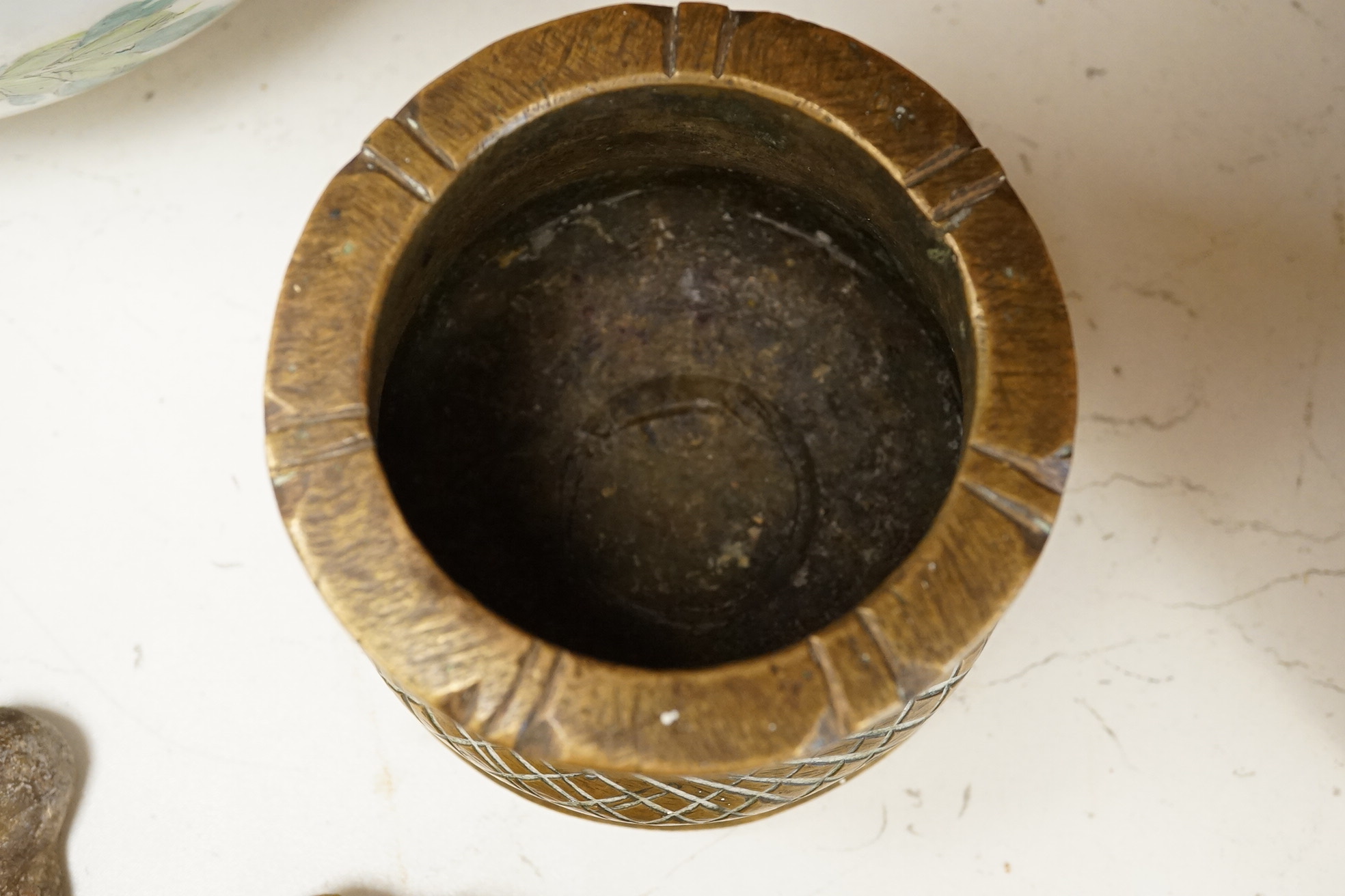 A South-East Asian bronze censer, two Ushabti and an Egyptian painted terracotta mask, 24cm